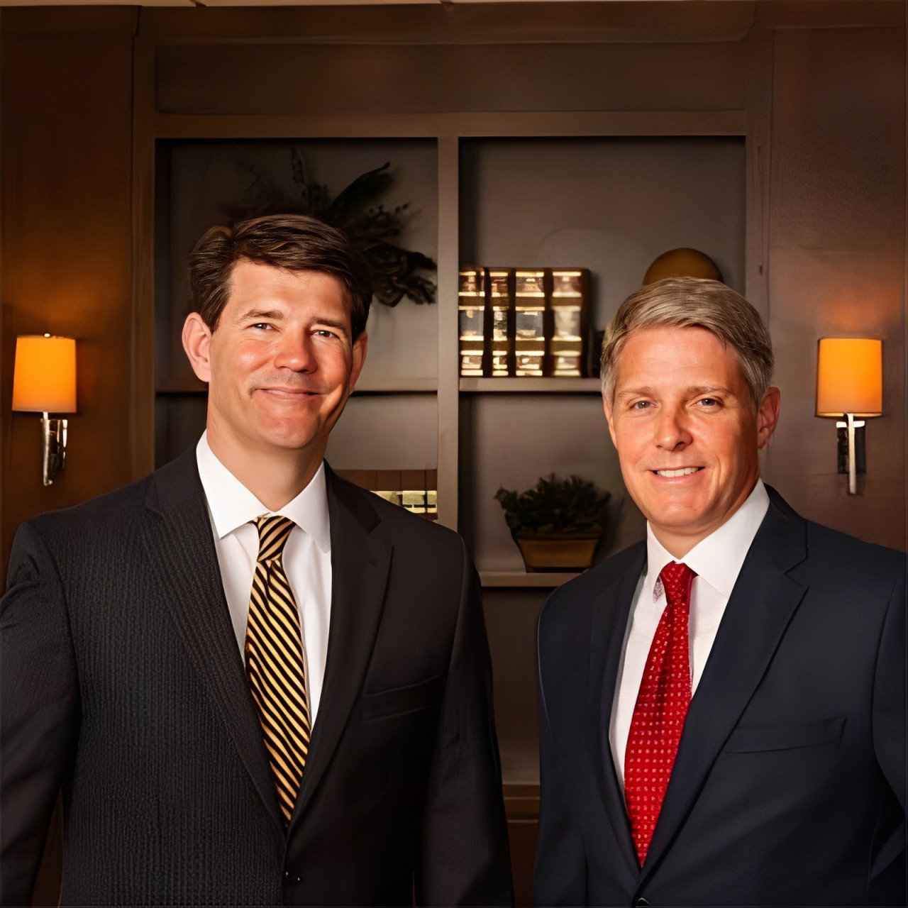 Two business professionals in formal attire stand smiling in an office setting